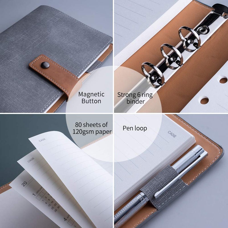 CAGIE A5 Refillable Faux Leather Traveler Notebook Binder Journals 6 Ring Binder Personal Organizer Travel Diary for Women Men Lined Grid Blank Paper with Calendar - Image 3